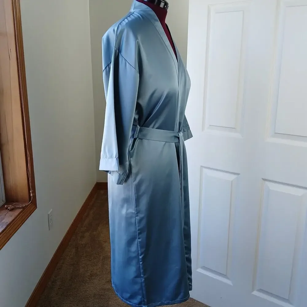 Blue Satin Lightweight Robe Men's Small shiny midi maxi kimono quiet luxury - Picture 4 of 16